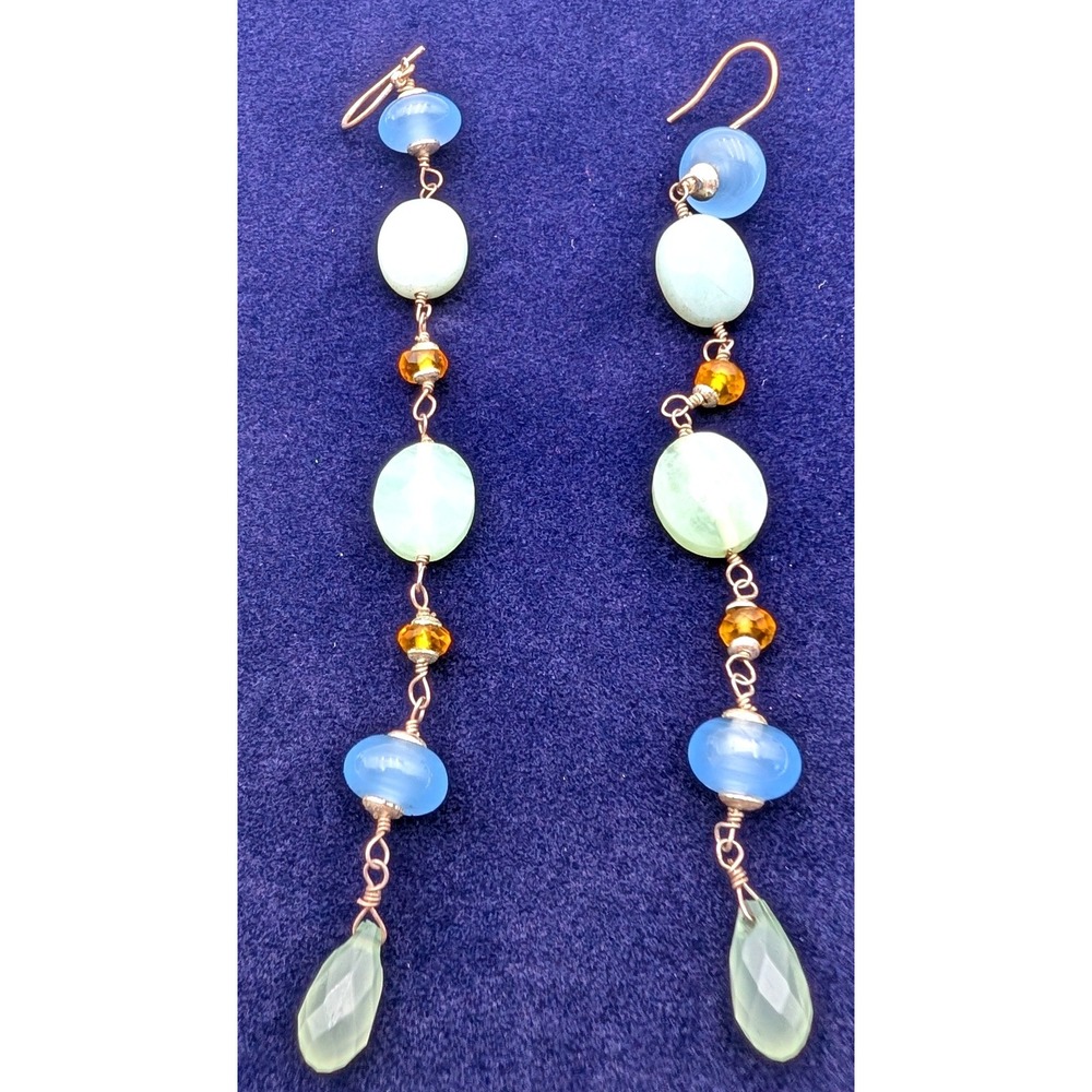 Handmade Multi Gemstone Drop Earrings Blue Chalcedony Prehnite Dangle 4.5 Inch